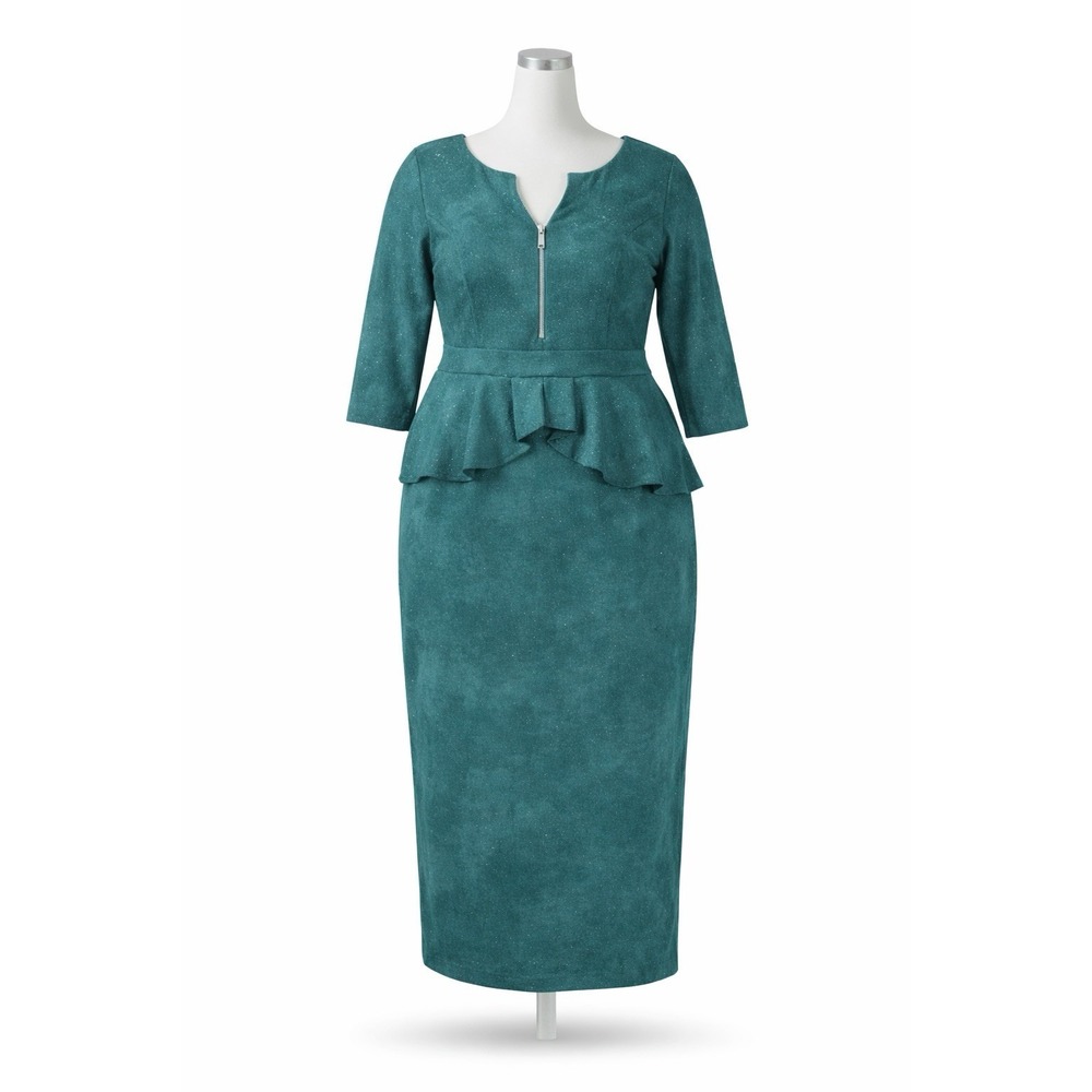 Miusol Dress Womens XXL Green Glitter Peplum Sheath Midi 3/4 Sleeve V Neck Party